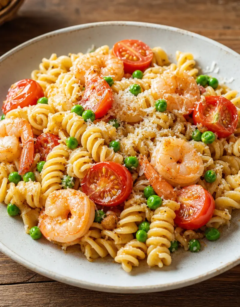 Pasta Spirals with Shrimp, Peas, and Tomatoes prepared dish