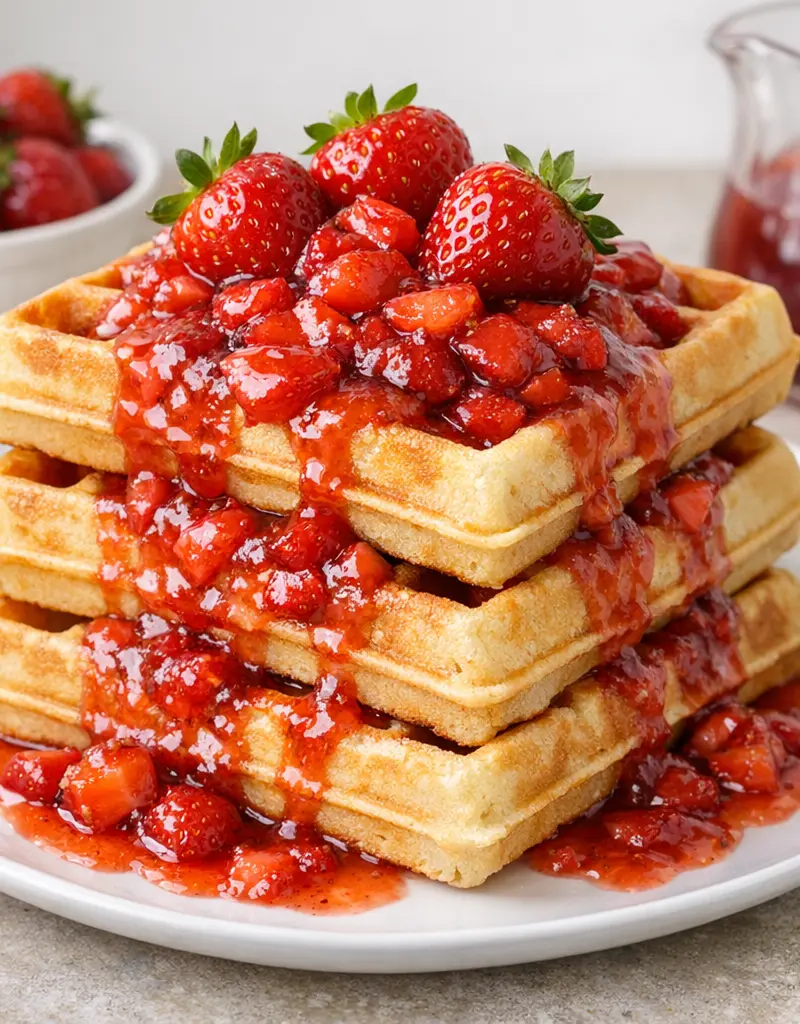 Waffles With Fresh Strawberry Syrup prepared dish