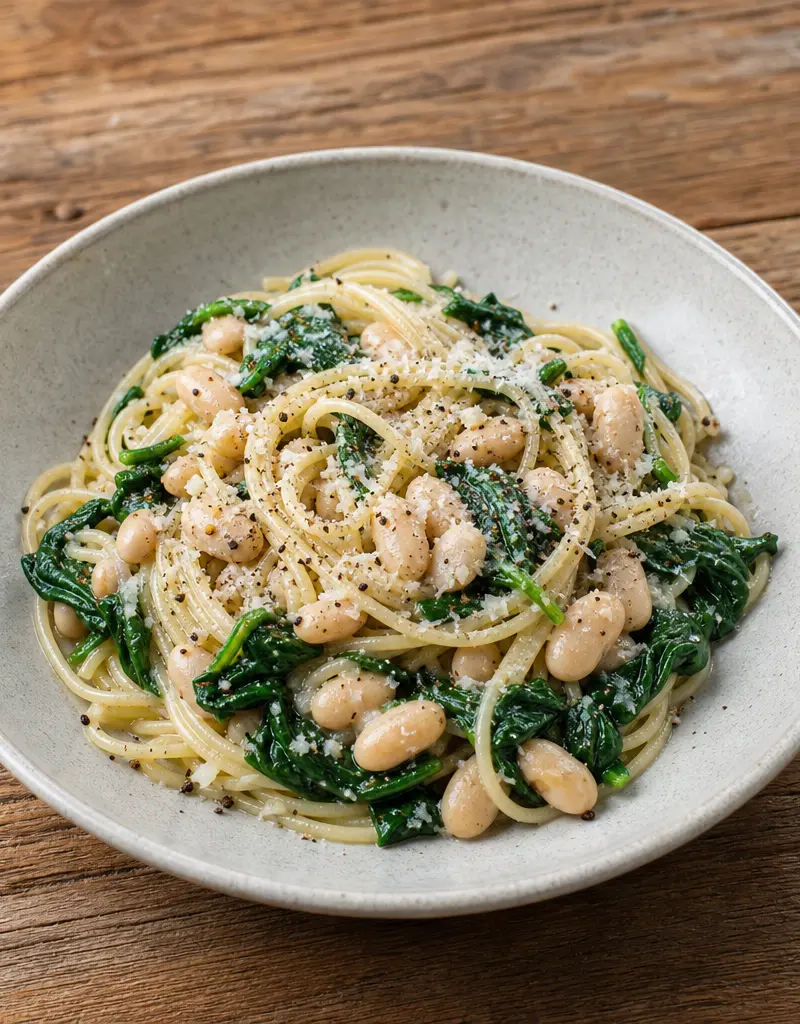 Cacio E Pepe with Spinach and White Beans prepared dish