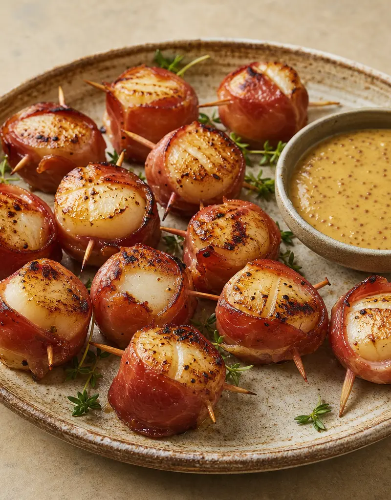 Grilled Scallops with Prosciutto and Honey Mustard Dipping Sauce prepared dish
