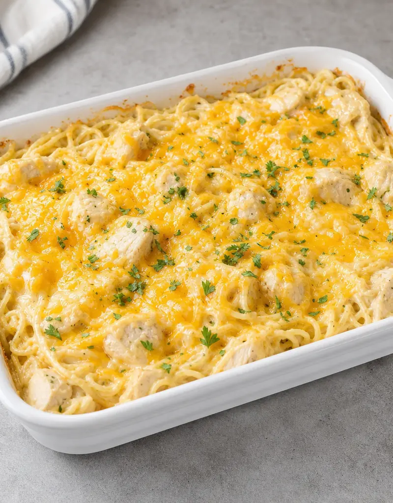Creamy Chicken Spaghetti Casserole prepared dish