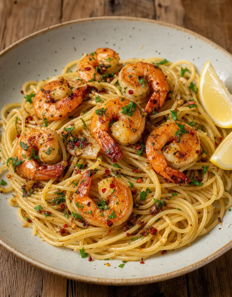 Spaghetti Aglio E Olio with Spicy Shrimp prepared dish