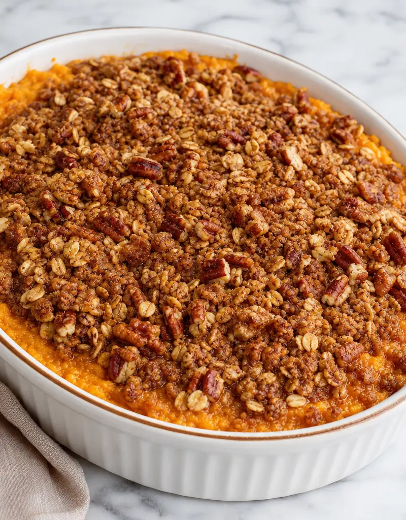 Sweet Potato Casserole with Crunch Topping prepared dish