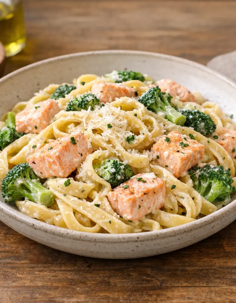 Salmon And Broccoli Alfredo Pasta prepared dish