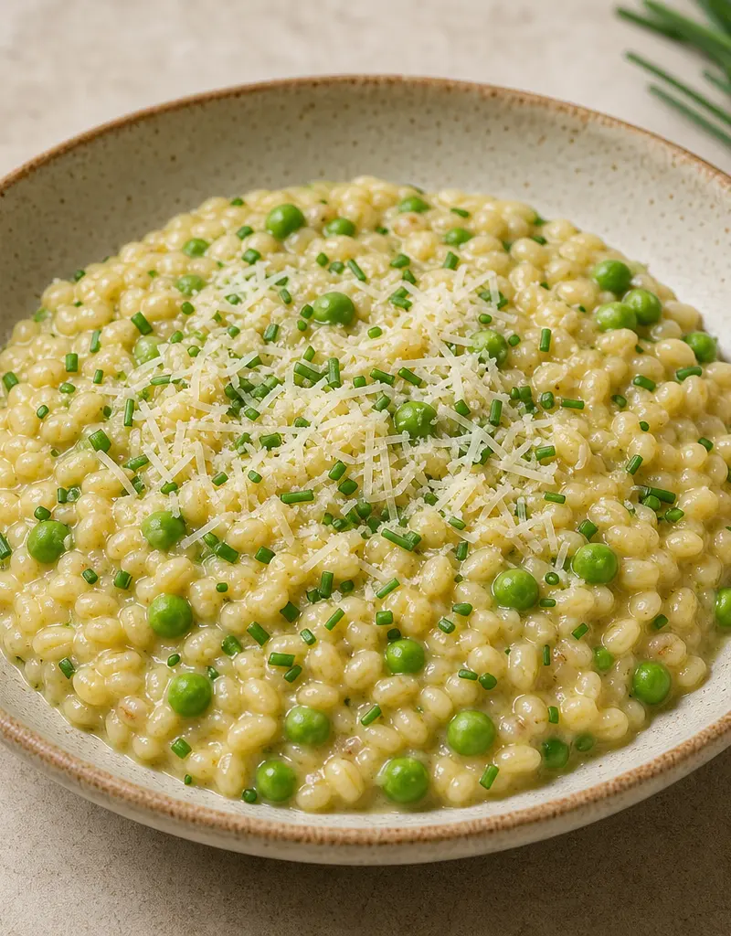 Creamy Pea and Chive Pearl Barley Risotto prepared dish