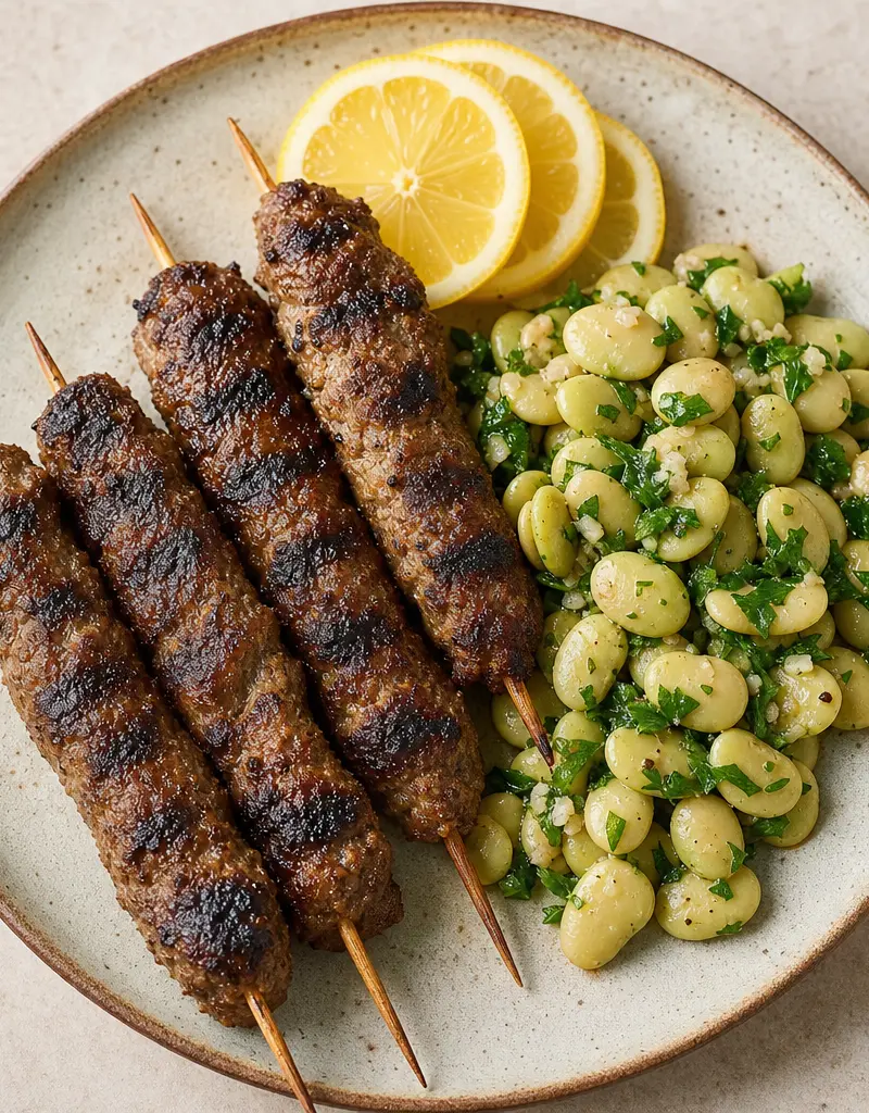 Lamb Kebabs with Lima Bean Salad prepared dish
