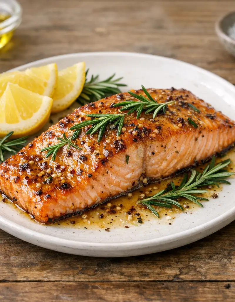 Honey Mustard Marinated Salmon With Rosemary prepared dish