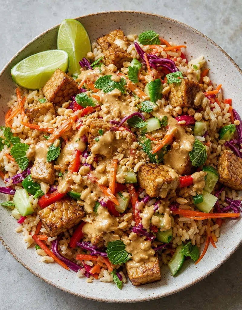 Balinese Rice Salad with Tempeh and Peanut Lime Dressing