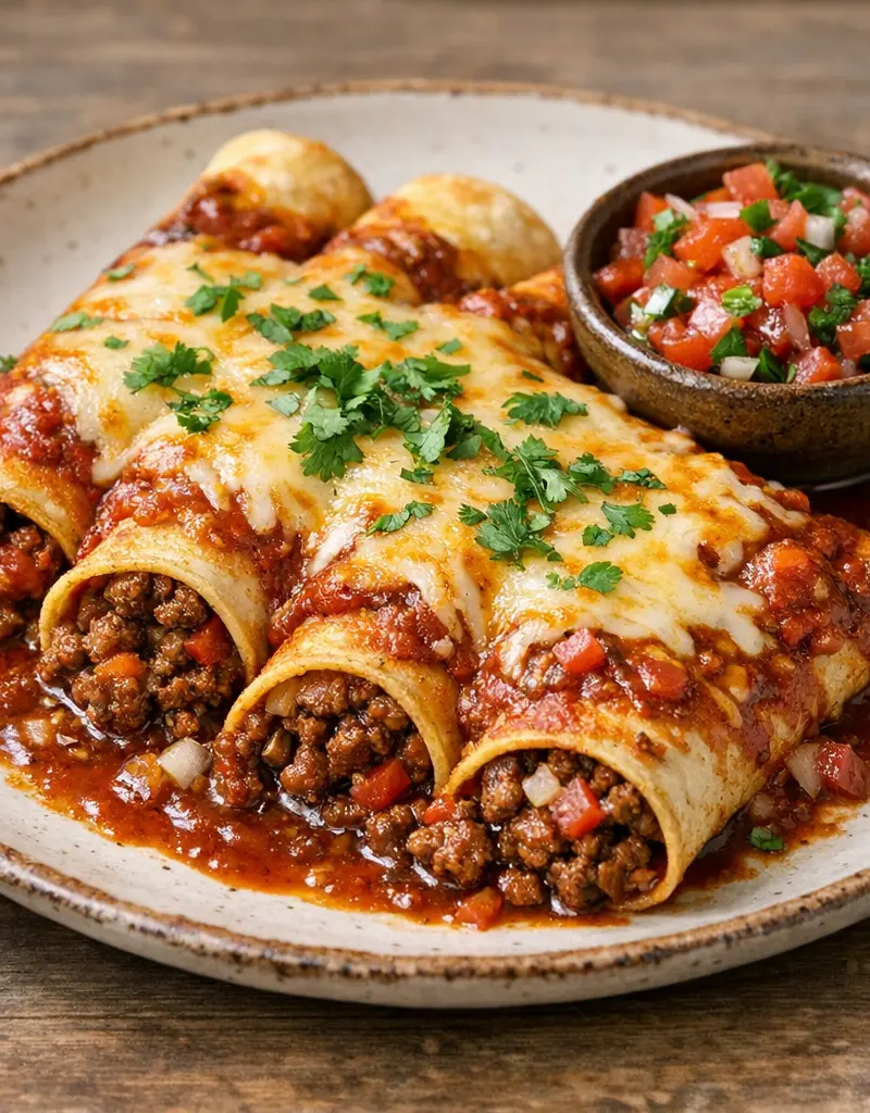 Red Chili Beef Enchiladas prepared dish