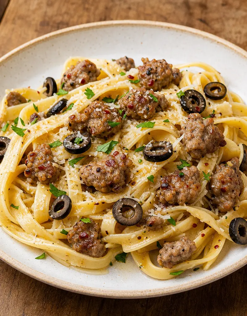 Fettuccine with Italian Sausage and Olives prepared dish