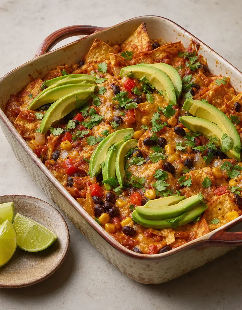 Vegetarian Chilaquiles Enchilada Casserole prepared dish