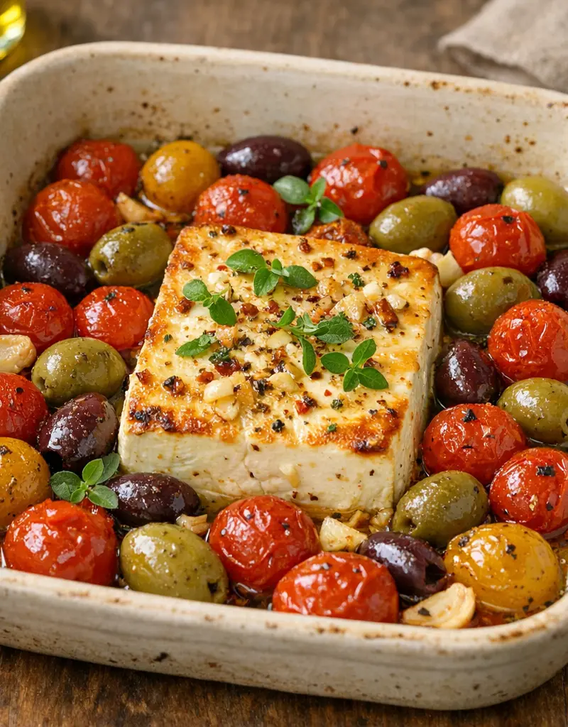 Baked Feta With Cherry Tomatoes And Olives prepared dish