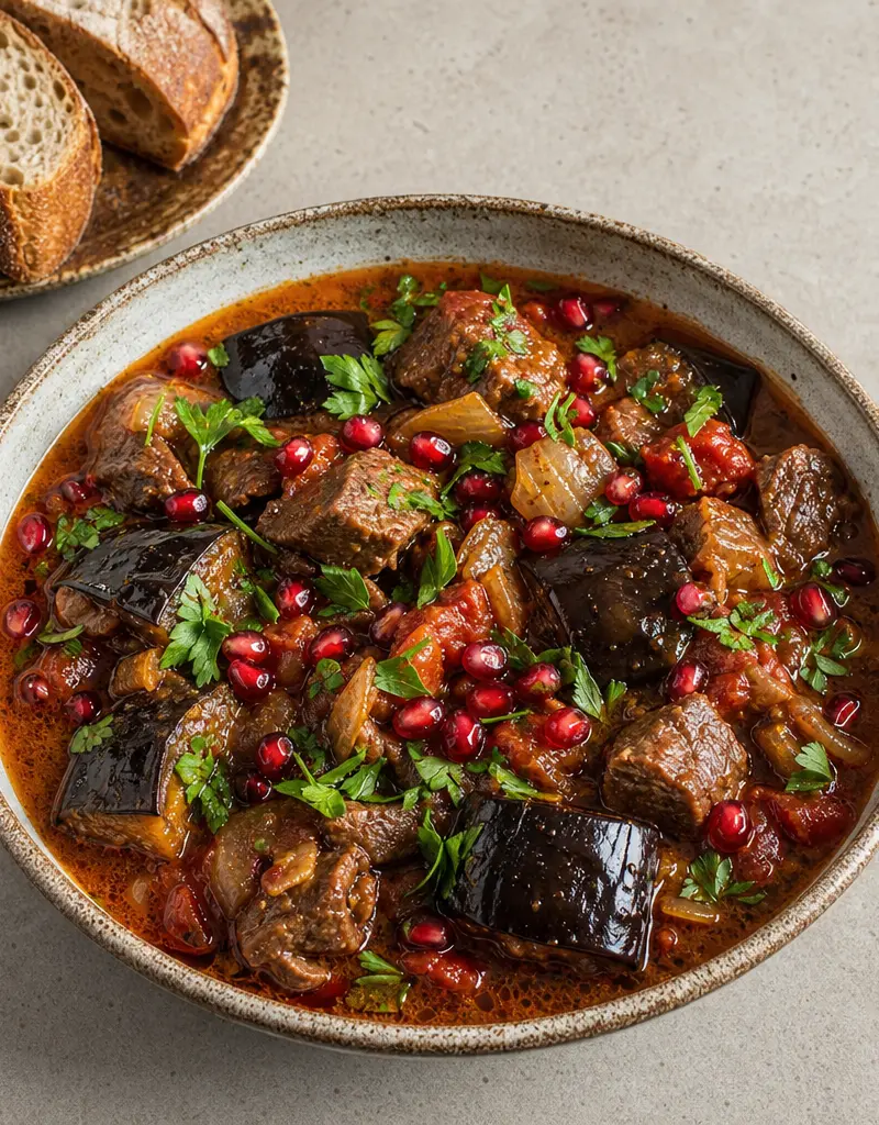 Eggplant and Pomegranate Stew with Beef prepared dish