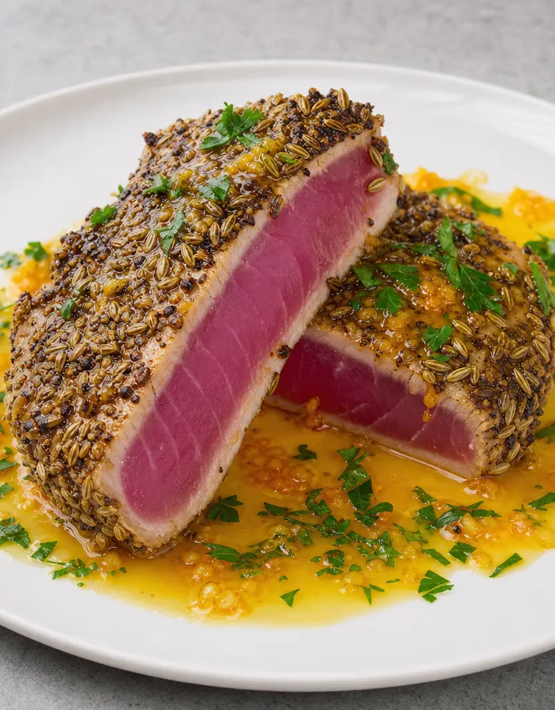 Fennel-crusted Tuna with Orange Ginger Vinaigrette prepared dish