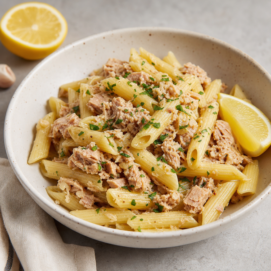 Penne Pasta with Garlic Lemon Tuna Sauce prepared dish