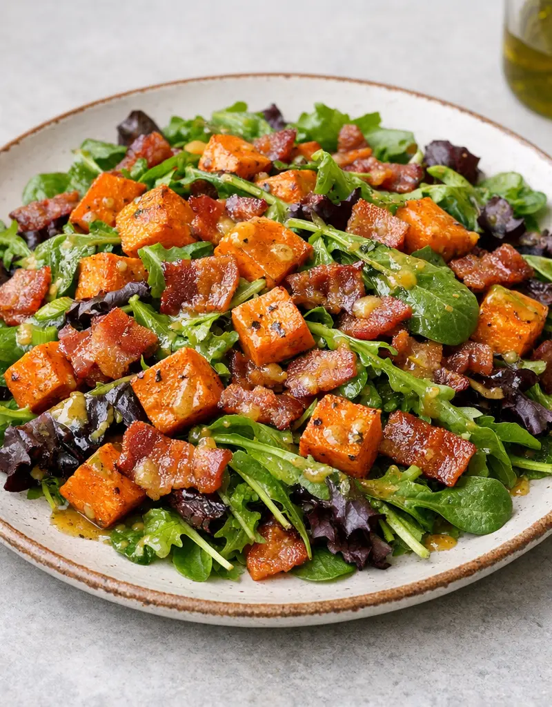 Bacon And Sweet Potato Salad With Honey Mustard Dressing prepared dish