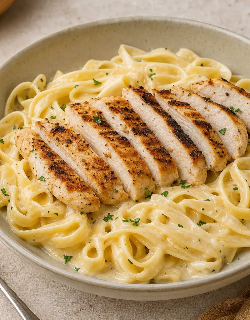 Creamy Fettuccine Alfredo with Grilled Chicken prepared dish