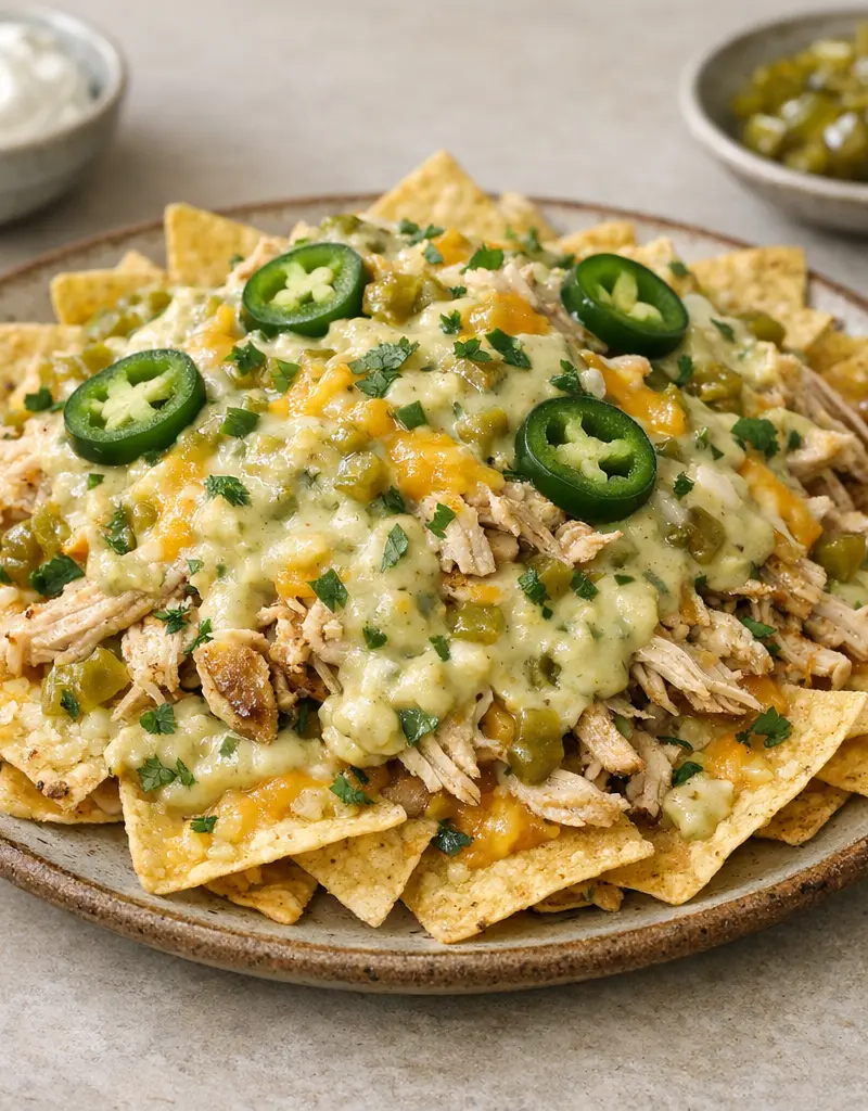 Roasted Chicken Nachos With Green Chili Cheese Sauce prepared dish