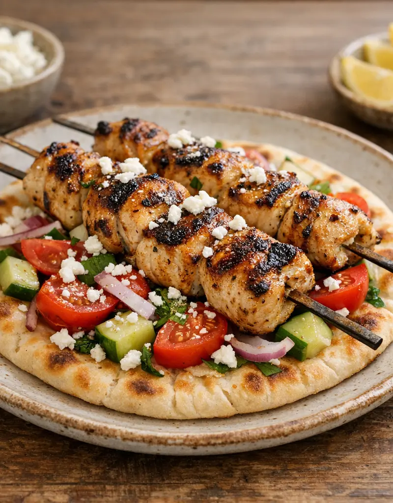 Grilled Mediterranean Chicken Kebabs On Pita prepared dish