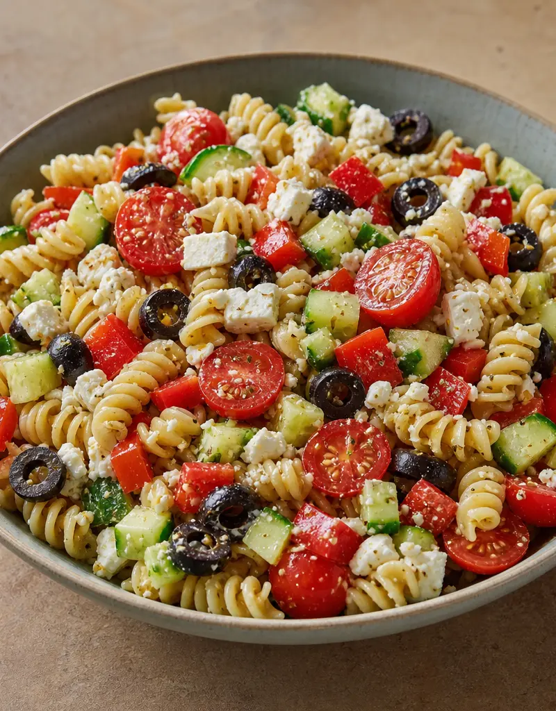 Mediterranean Fusilli Pasta Salad prepared dish
