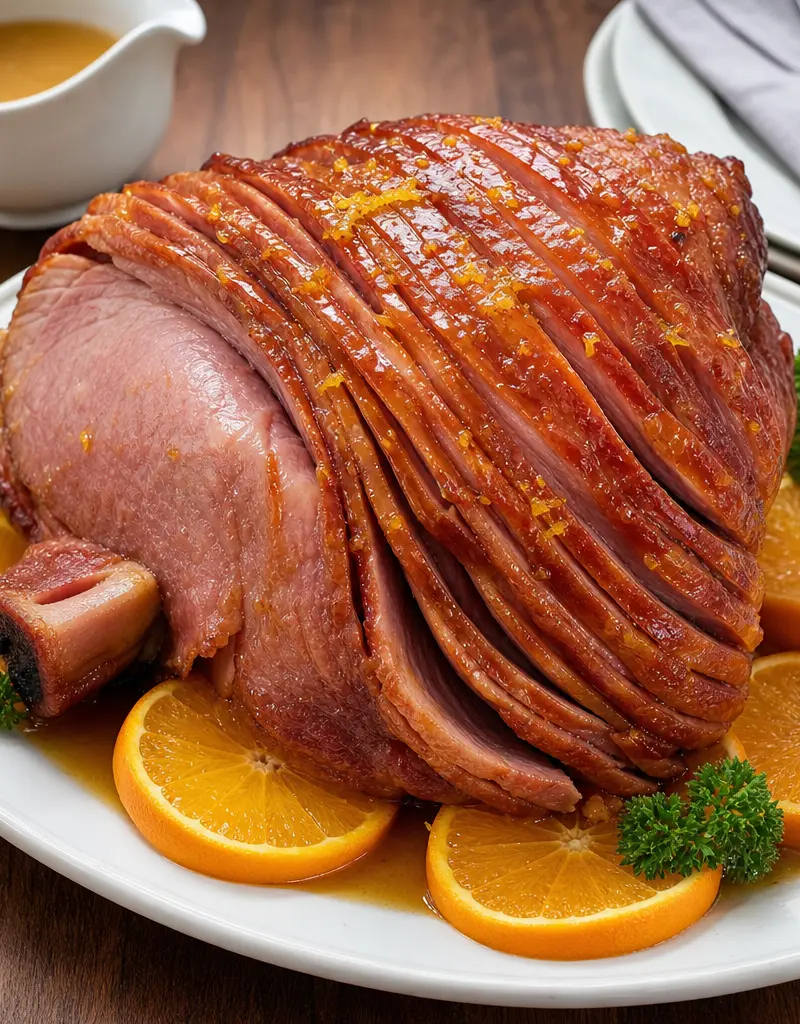 Baked Ham with Orange Glaze and Pan Gravy