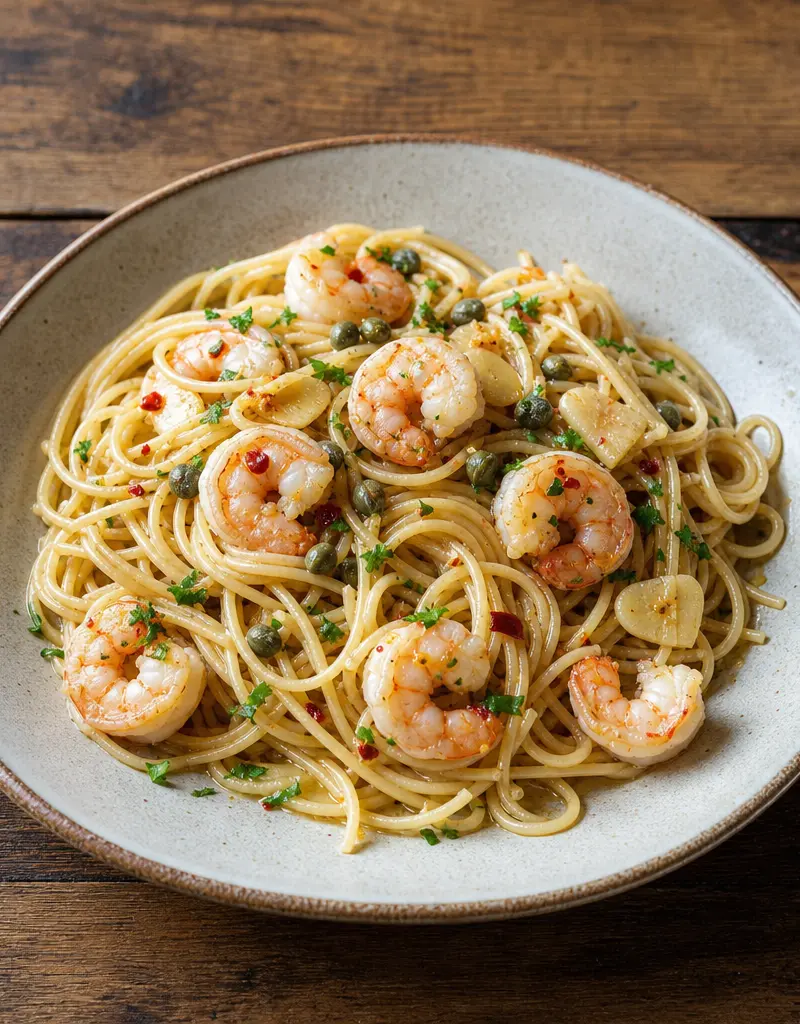 Spaghetti with Shrimp, Capers, and Garlic prepared dish