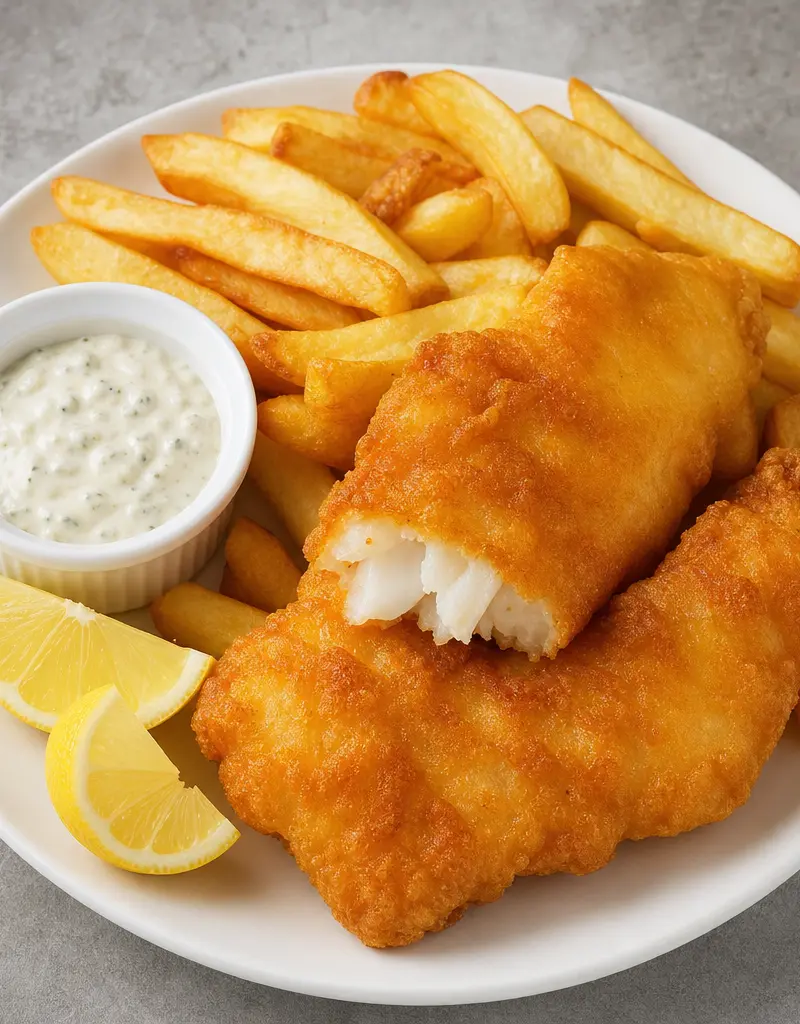 Crispy Battered Fish and Chips prepared dish