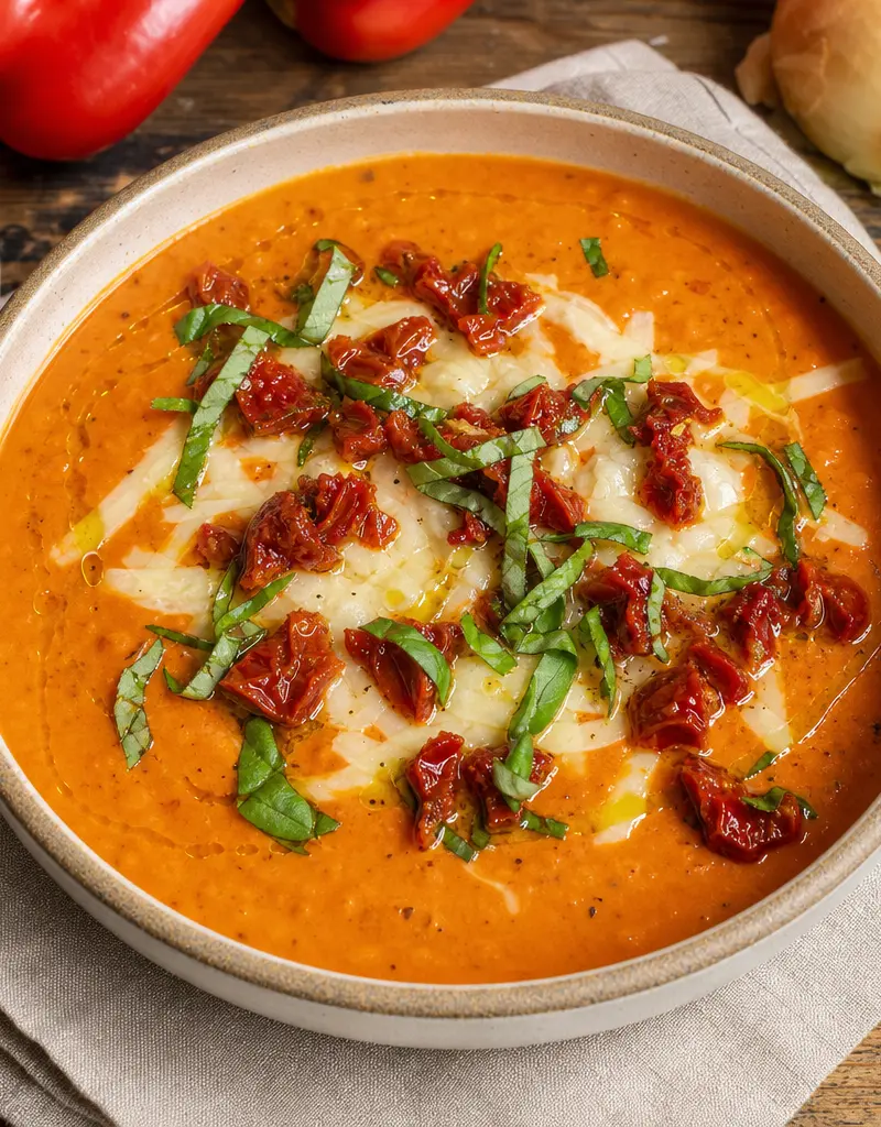 Roasted Red Pepper Soup with Sun-dried Tomatoes and Swiss Cheese