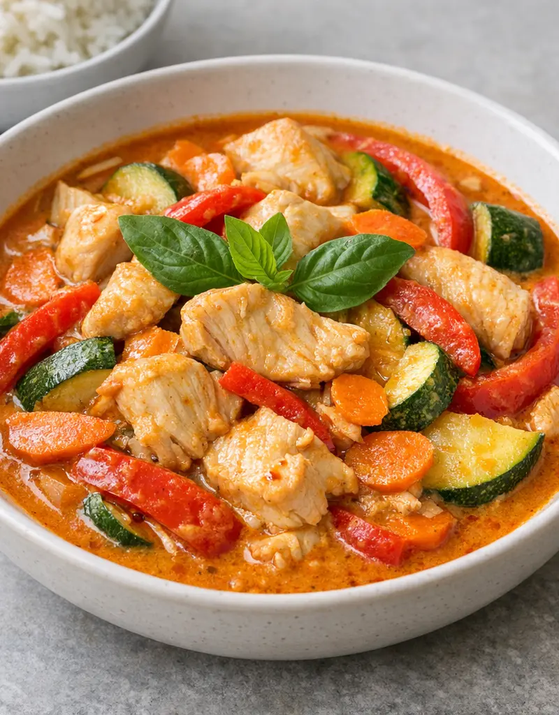 Thai Red Curry With Chicken And Vegetables prepared dish