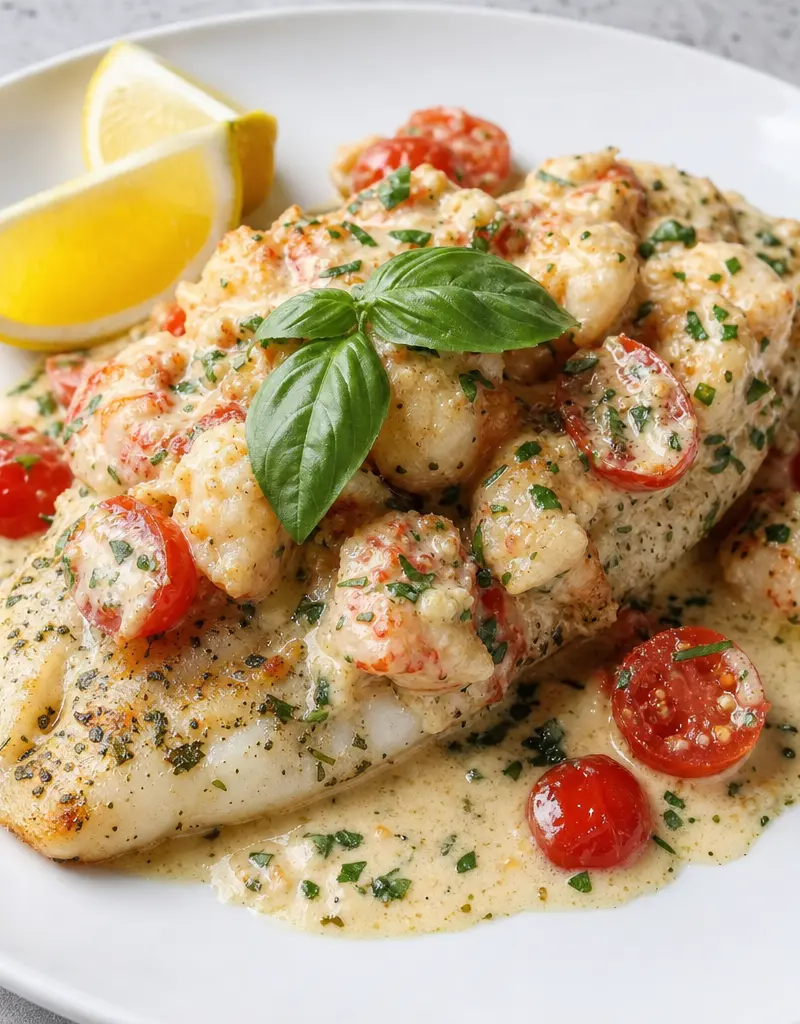 Basil-rubbed White Fish with Langostino Lobster Cream Sauce