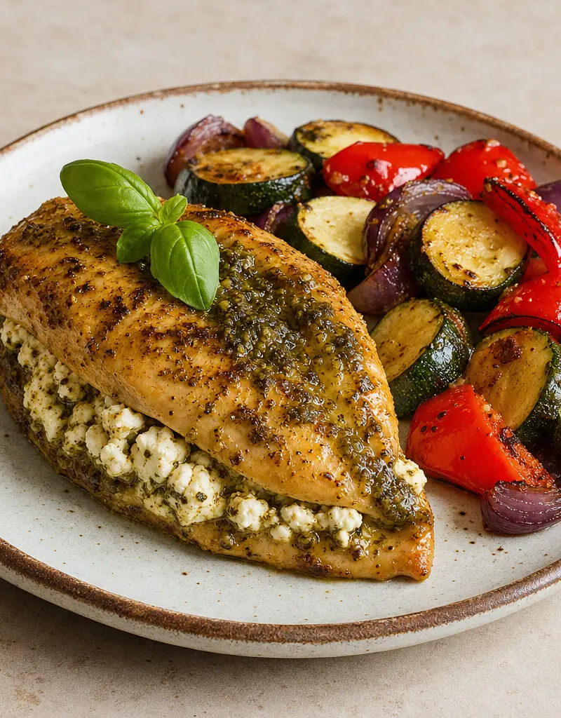 Feta Stuffed Pesto Chicken prepared dish