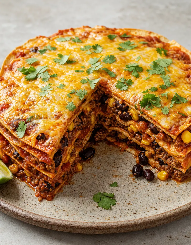 Tijuana-style Beef and Bean Tortilla Torte