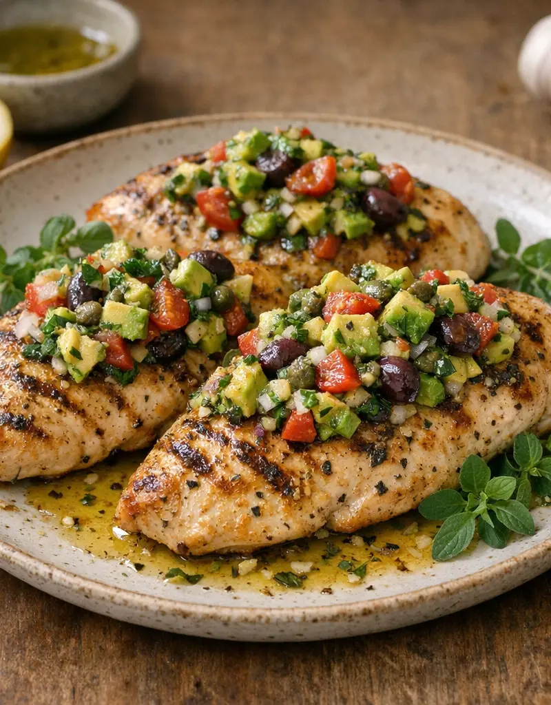 Mediterranean Chicken Breasts With Avocado Tapenade prepared dish