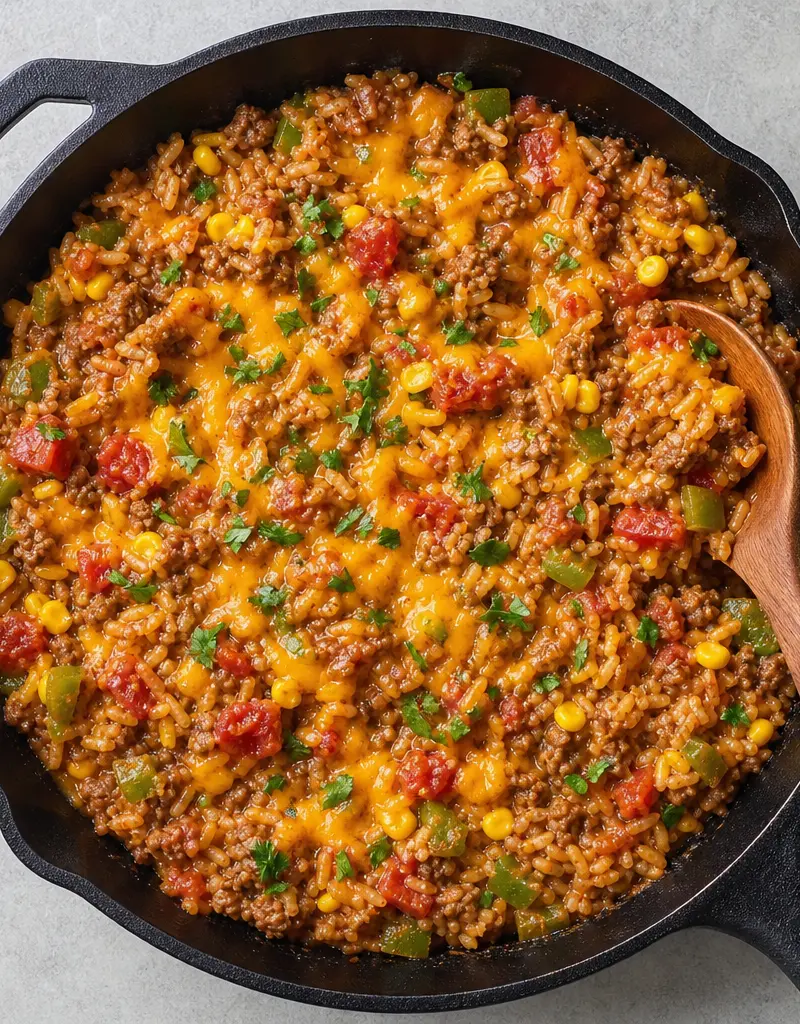 Cheesy Ground Beef and Rice Skillet