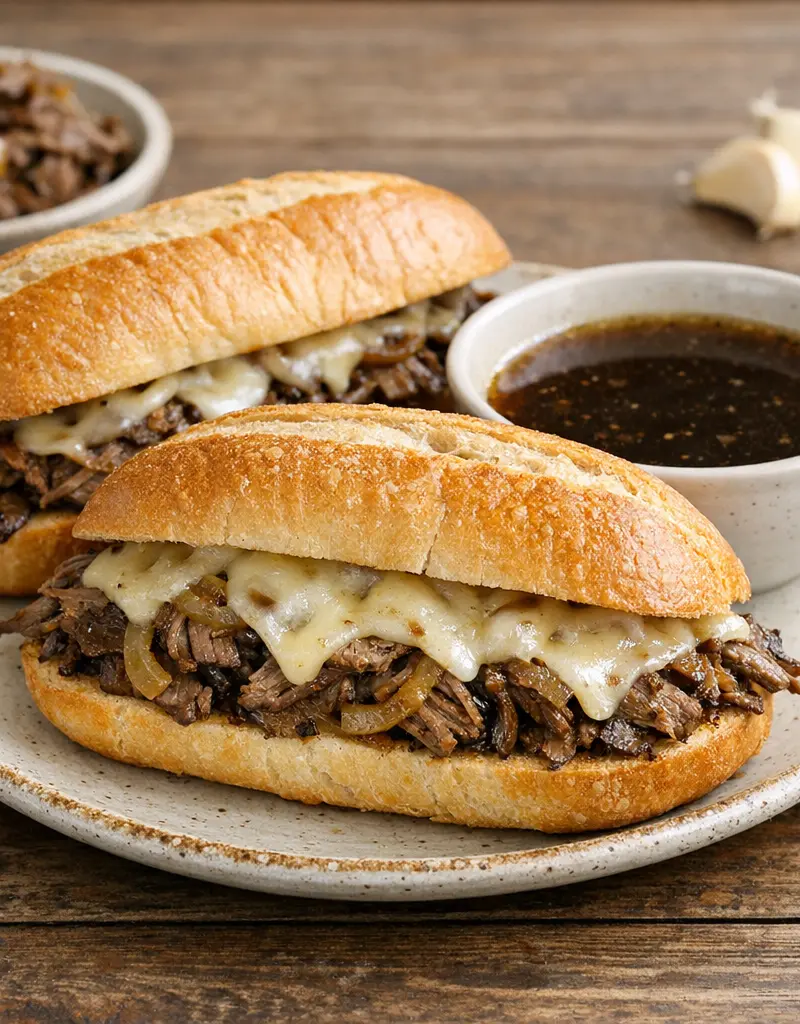 Slow Cooker French Dip Sandwiches prepared dish