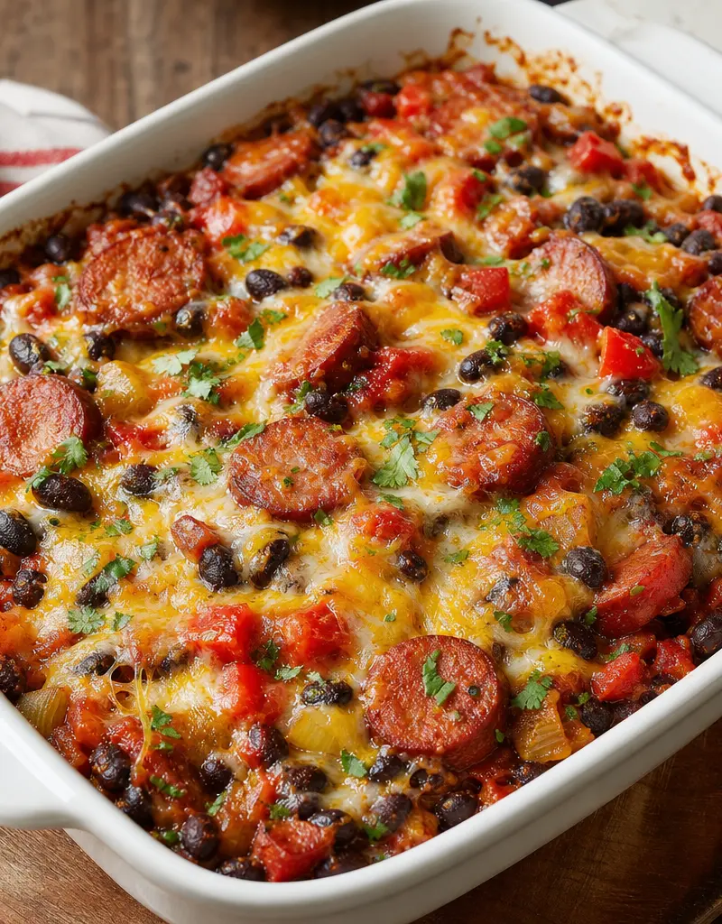 Smoky Black Bean and Sausage Casserole prepared dish