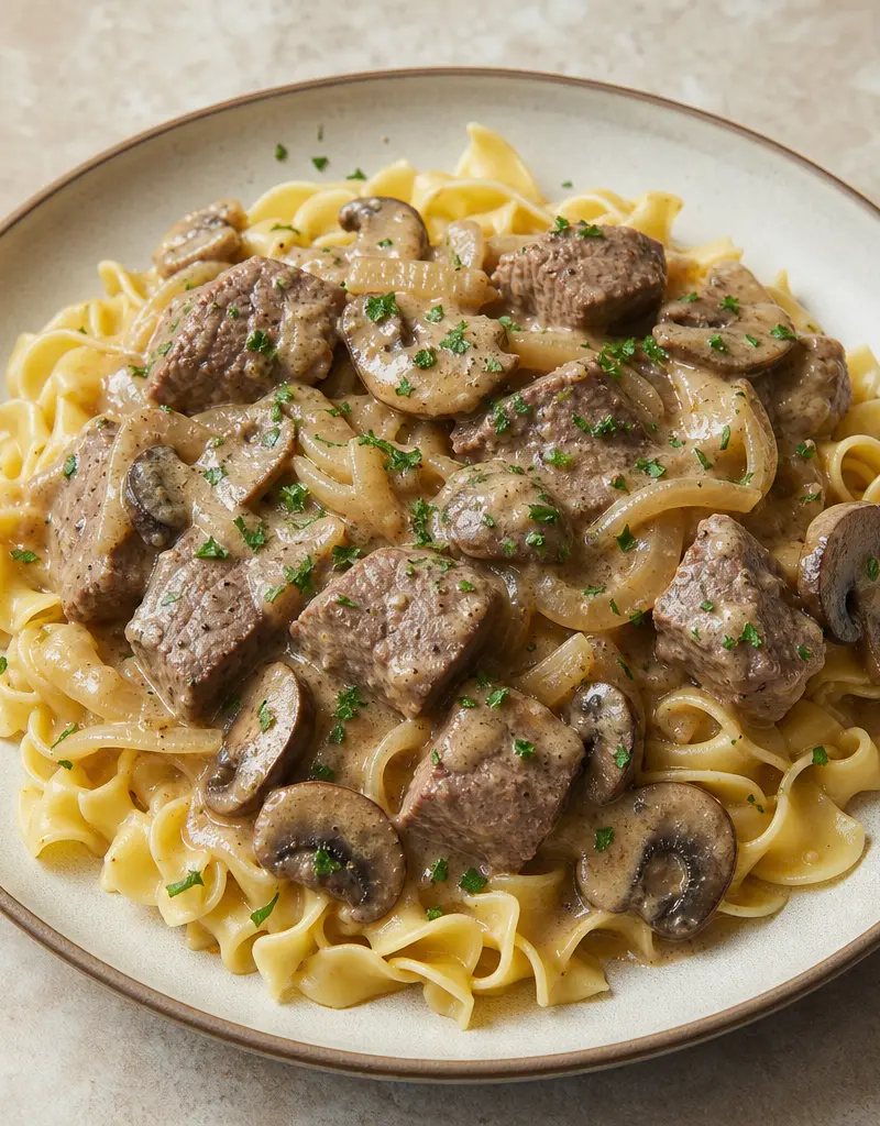 Filet Mignon Beef Stroganoff prepared dish
