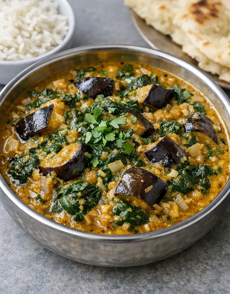 Eggplant And Spinach Curry prepared dish