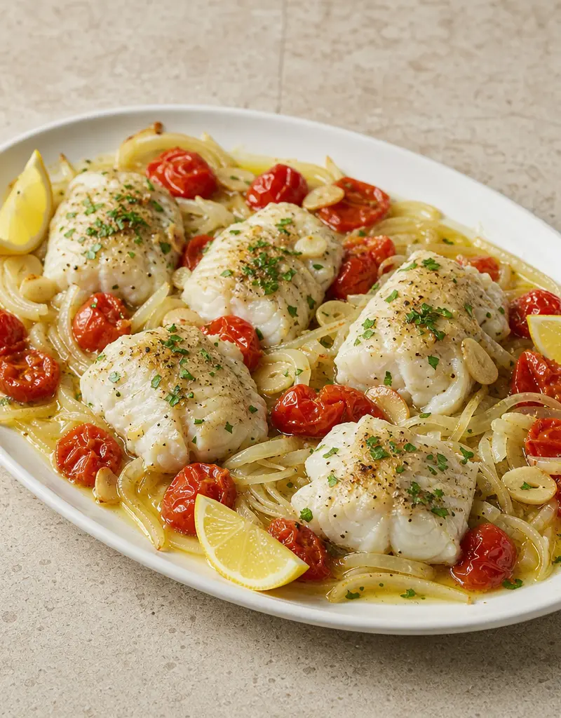 Mediterranean Baked Cod with Onions and Tomatoes