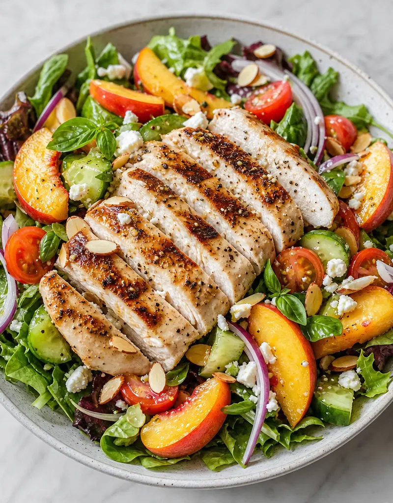 Grilled Chicken Peach Salad with Honey Lemon Vinaigrette