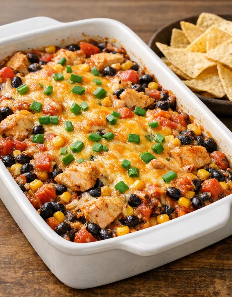 Southwestern Chicken And Black Bean Casserole prepared dish