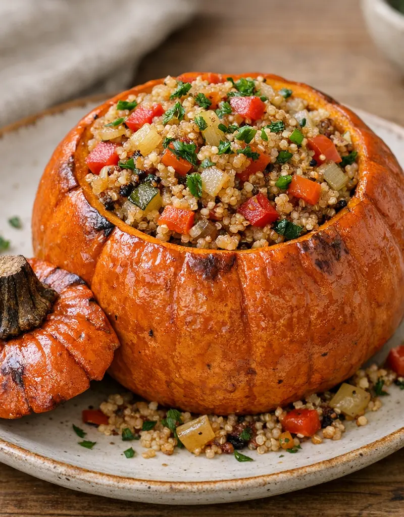 Savory Pumpkin Stuffed With Quinoa And Vegetables prepared dish